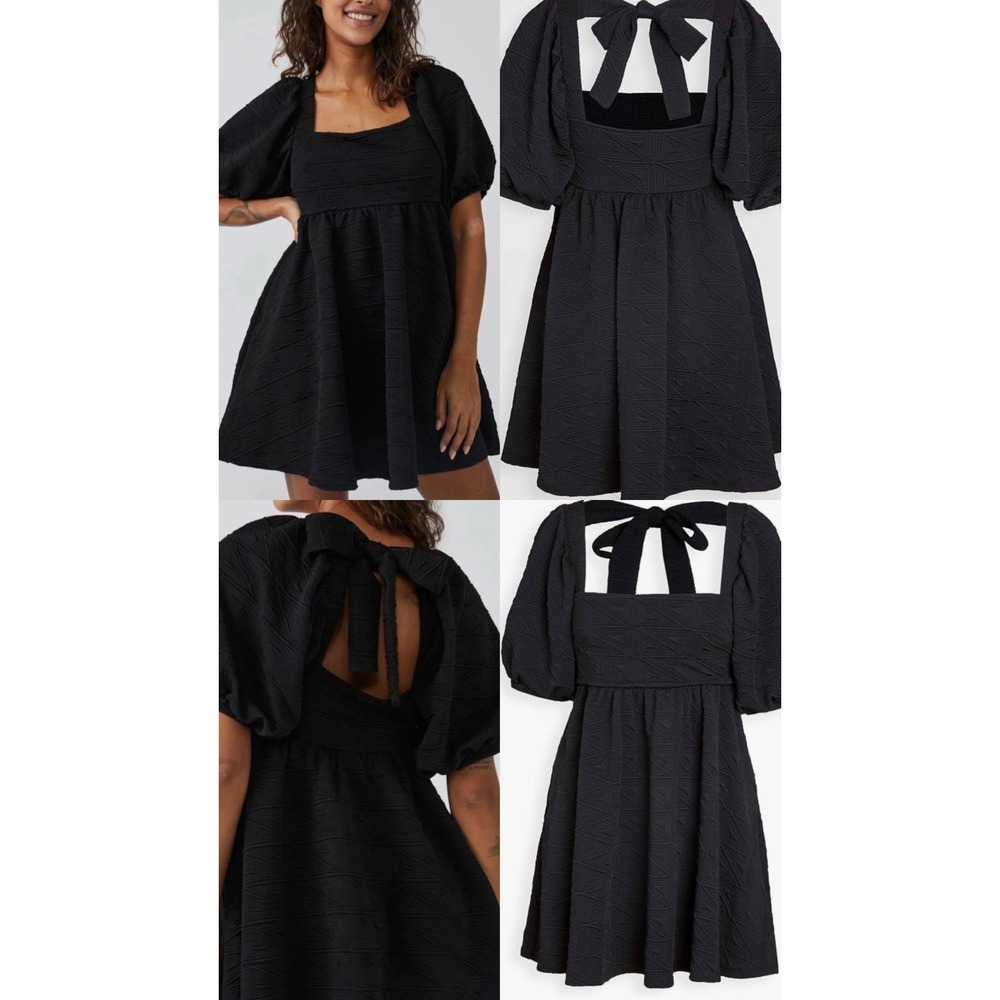 Free People Violet Mini Dress Black Puff Sleeve Square Neck Tie Back XS girly - Picture 2 of 11